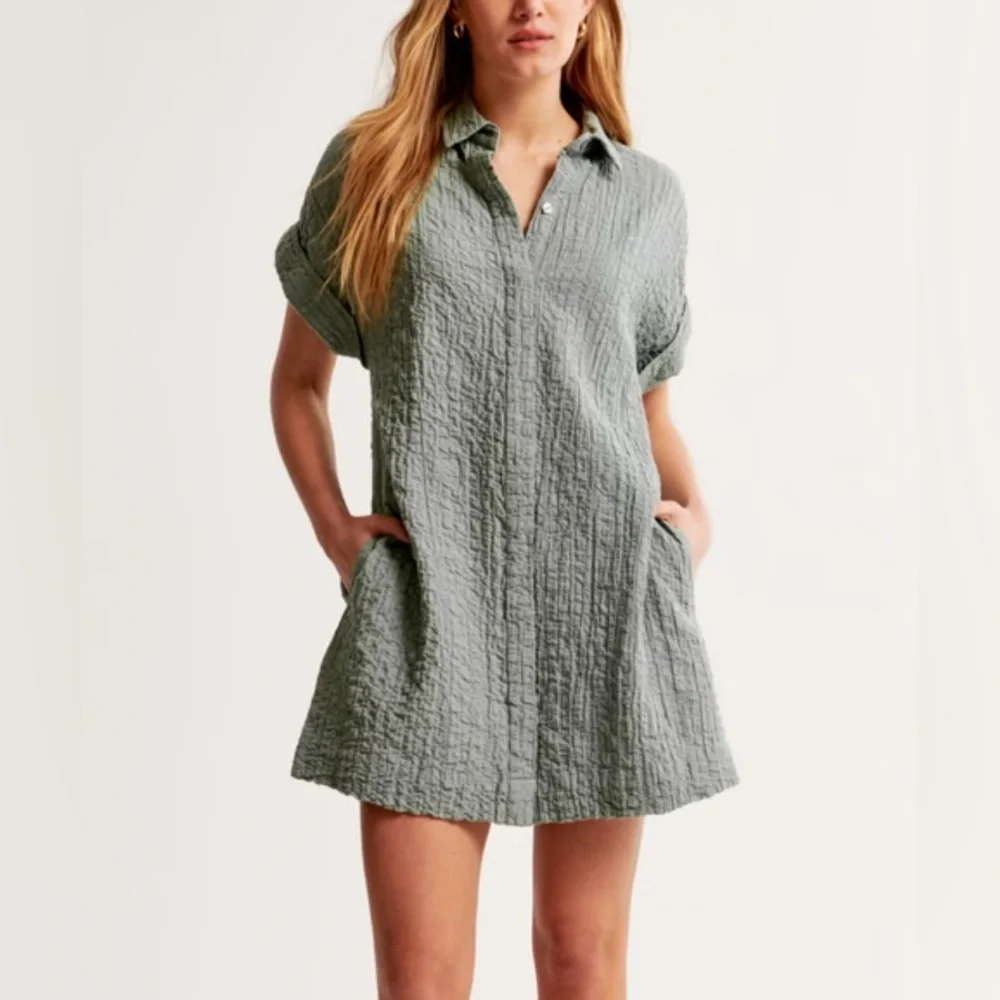 Abercrombie & Fitch Sage Green Crinkled Shirt Mini Dress - Picture 1 of 16
